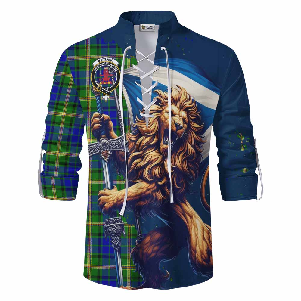 Tartan Vibes Clothing Maitland Tartan Family Crest Ghillie Kilt Shirt with Scottish Majestic Lion