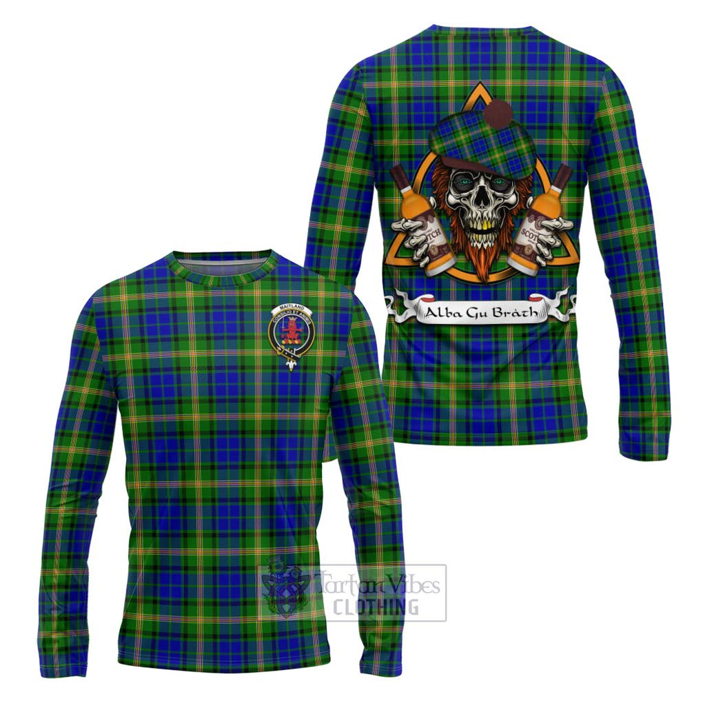 Tartan Vibes Clothing Maitland Tartan Long Sleeve T-Shirt with Family Crest and Bearded Skull Holding Bottles of Whiskey