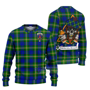 Maitland Tartan Ugly Sweater with Family Crest and Bearded Skull Holding Bottles of Whiskey