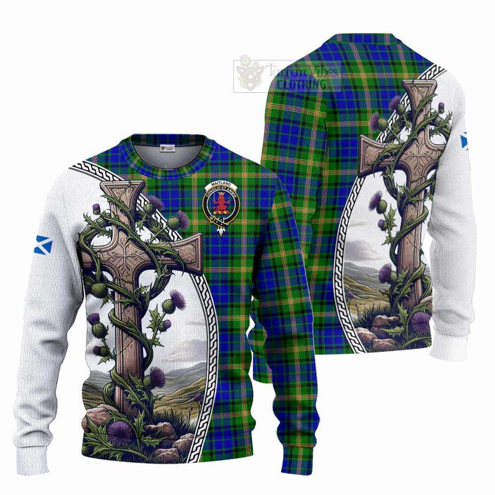 Tartan Vibes Clothing Maitland Tartan Knitted Sweater with Family Crest and St. Andrew's Cross Accented by Thistle Vines