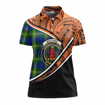 Maitland Crest Tartan Women's Polo Shirt with Polynesian Vibes Style - Orange Version