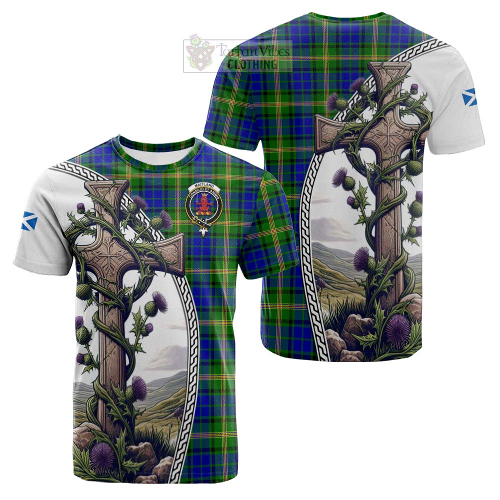 Tartan Vibes Clothing Maitland Tartan Cotton T-shirt with Family Crest and St. Andrew's Cross Accented by Thistle Vines