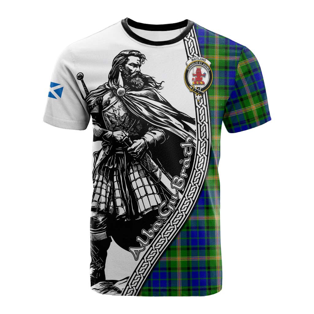 Maitland Tartan Clan Crest Cotton T-shirt with Highlander Warrior Celtic Style