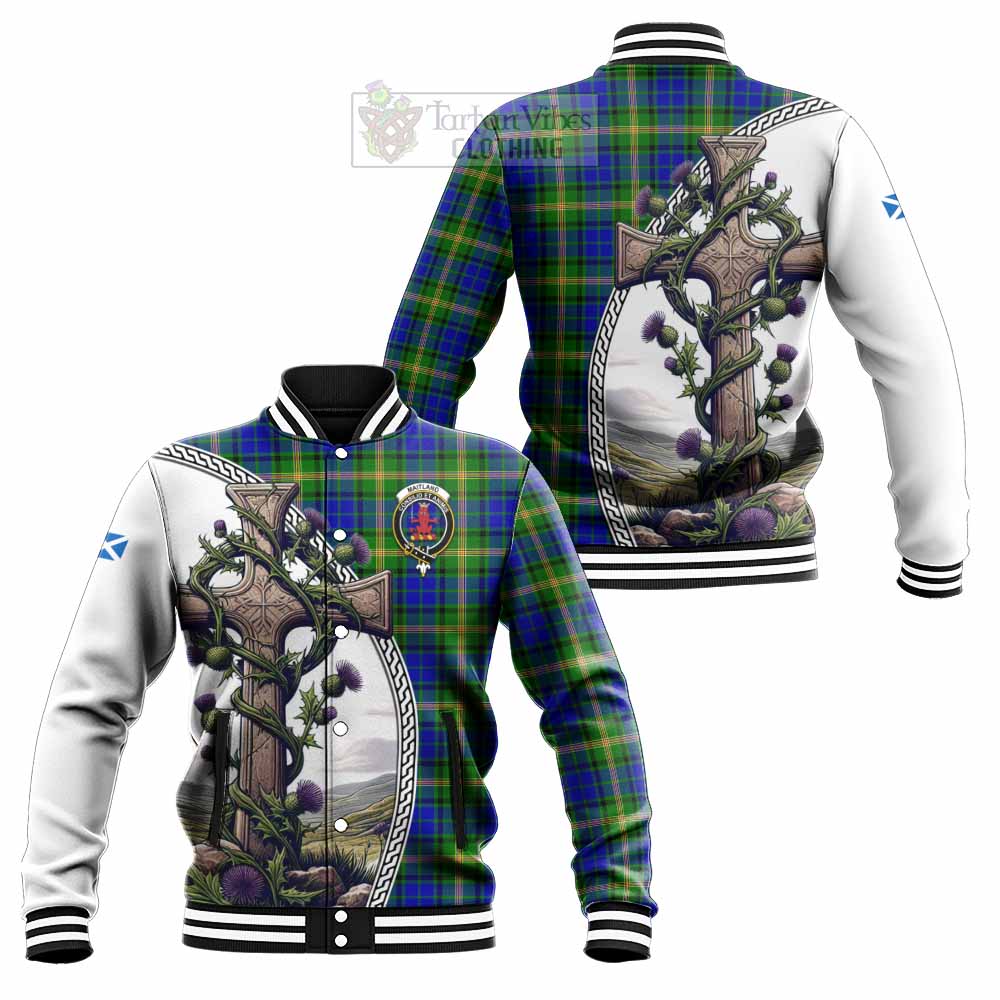 Tartan Vibes Clothing Maitland Tartan Baseball Jacket with Family Crest and St. Andrew's Cross Accented by Thistle Vines