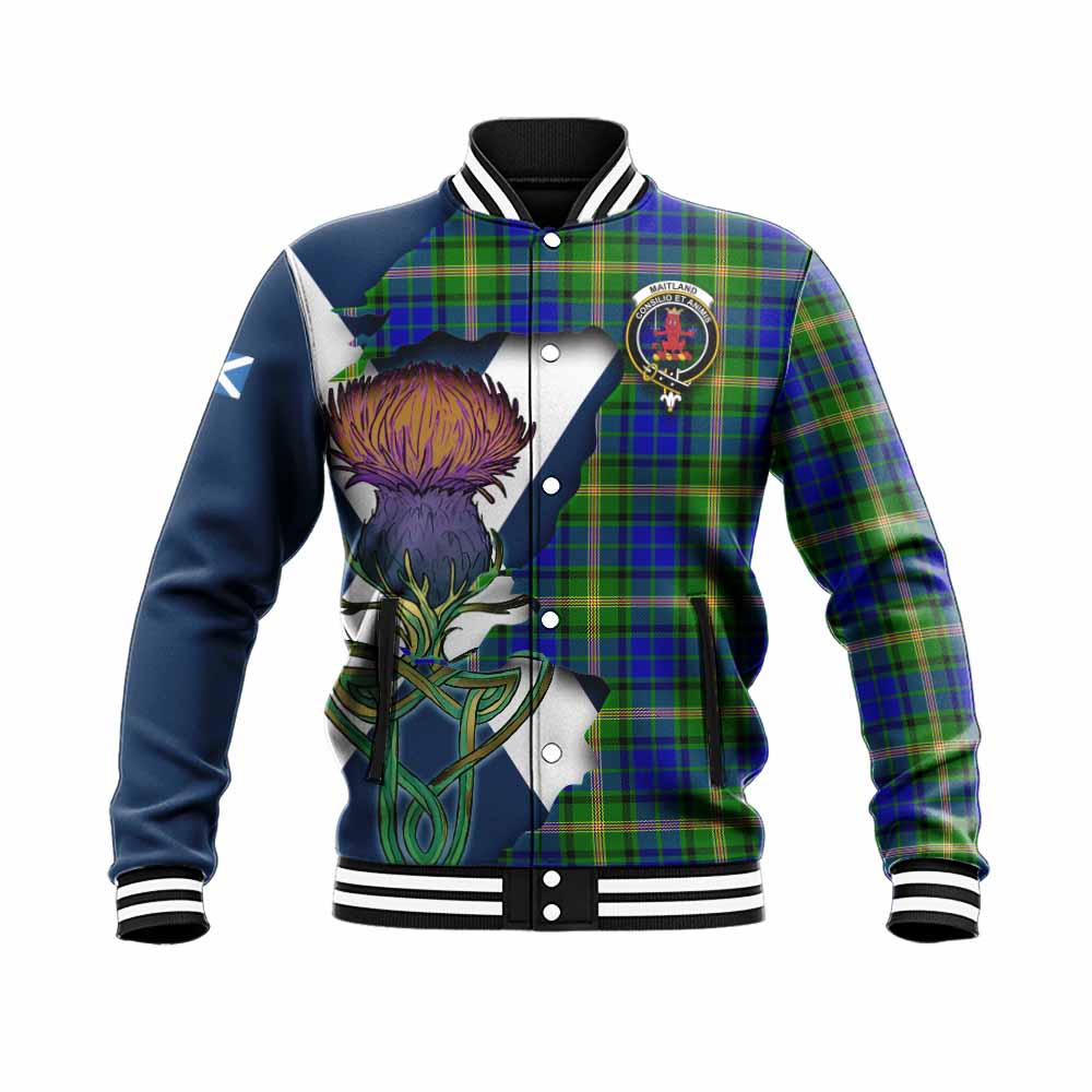 Maitland Tartan Family Crest Baseball Jacket Scottish Thistle Celtic Inspired Unisex - Tartan Vibes Clothing