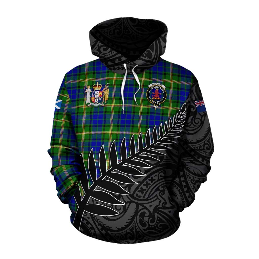 Tartan Vibes Clothing Maitland Crest Tartan Cotton Hoodie with New Zealand Silver Fern Half Style