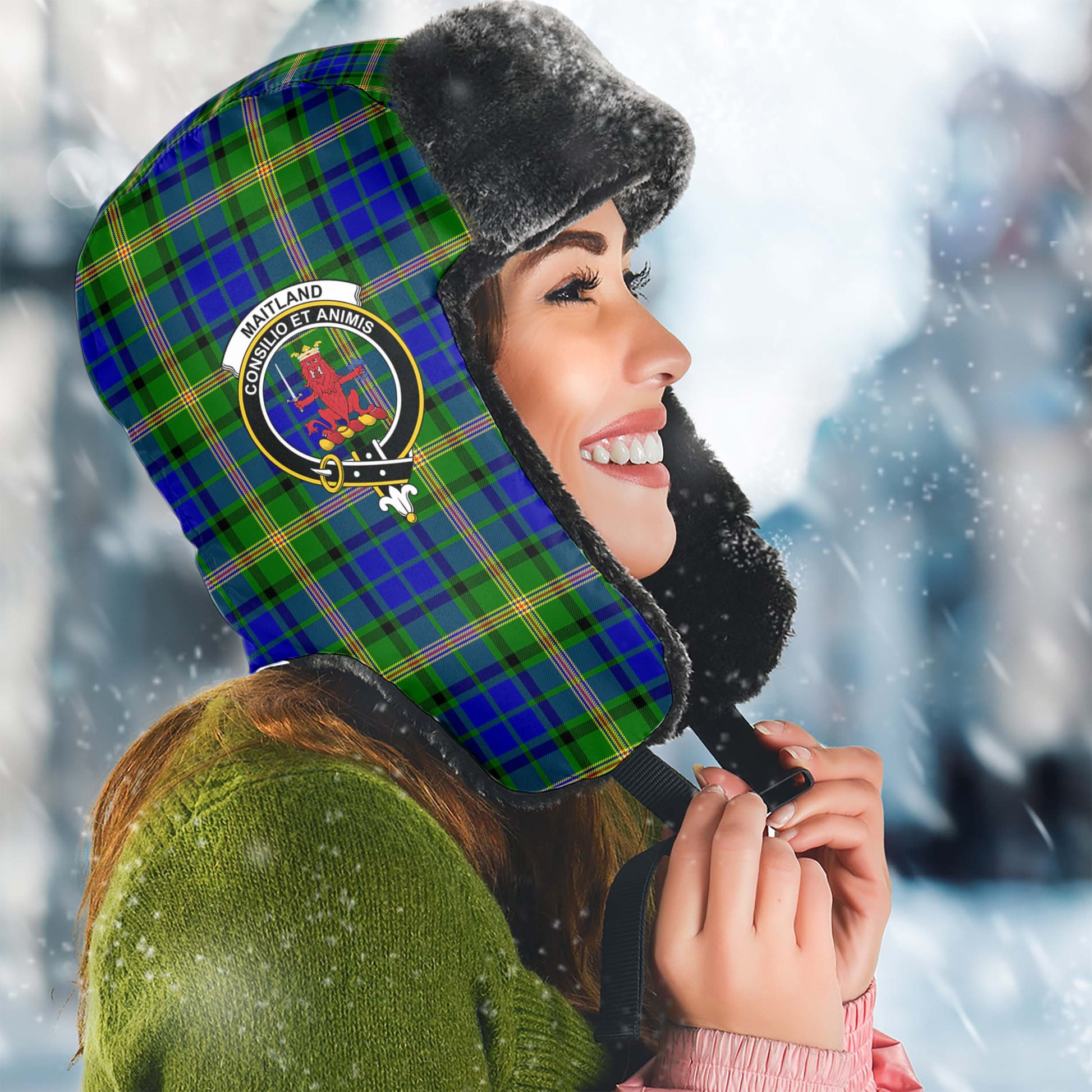 Maitland Tartan Winter Trapper Hat with Family Crest Winter Trapper Hat Universal Fit Circumference 22.8in (58cm) - Tartanvibesclothing