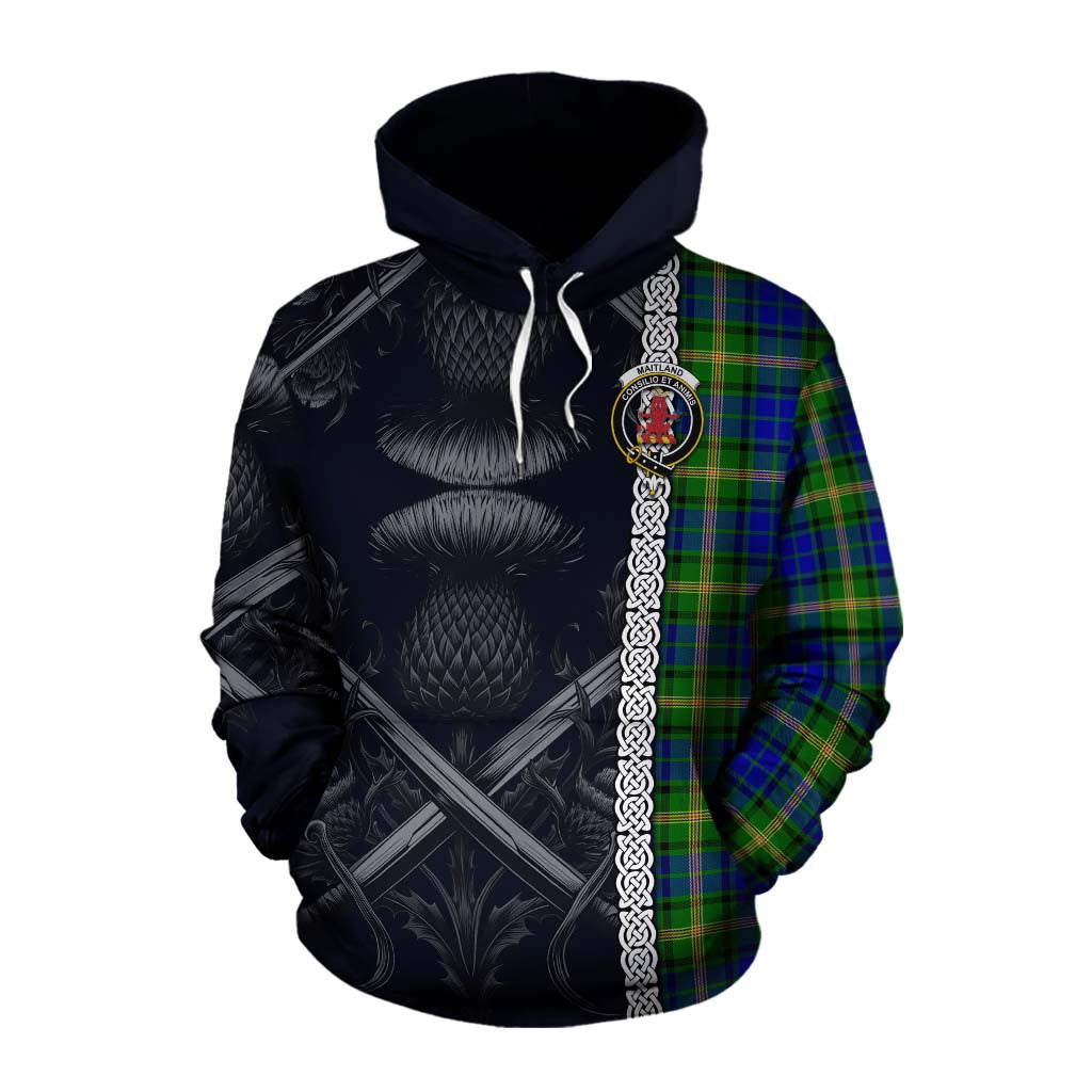 Tartan Vibes Clothing Maitland Tartan Cotton Hoodie with Family Crest Cross Sword Thistle Celtic Vibes