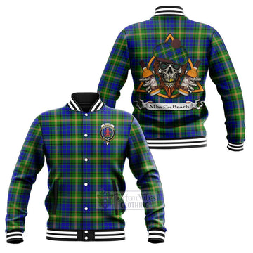 Maitland Tartan Baseball Jacket with Family Crest and Bearded Skull Holding Bottles of Whiskey