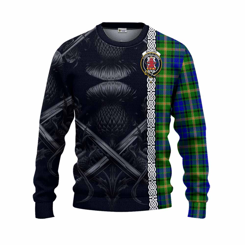 Tartan Vibes Clothing Maitland Tartan Knitted Sweater with Family Crest Cross Sword Thistle Celtic Vibes