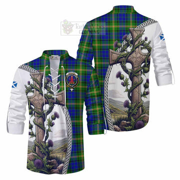 Maitland Tartan Ghillie Kilt Shirt with Family Crest and St. Andrew's Cross Accented by Thistle Vines