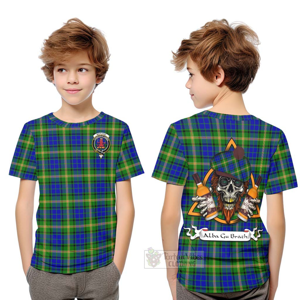 Tartan Vibes Clothing Maitland Tartan Kid T-Shirt with Family Crest and Bearded Skull Holding Bottles of Whiskey