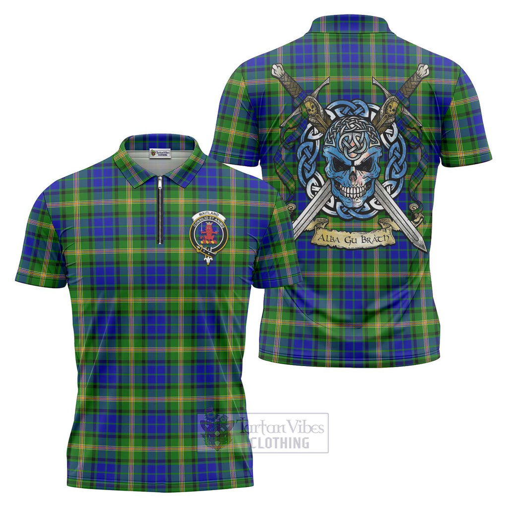 Tartan Vibes Clothing Maitland Tartan Zipper Polo Shirt with Family Crest Celtic Skull Style