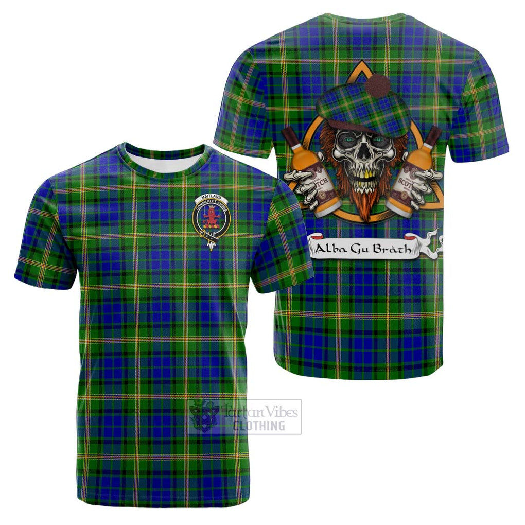 Tartan Vibes Clothing Maitland Tartan Cotton T-shirt with Family Crest and Bearded Skull Holding Bottles of Whiskey