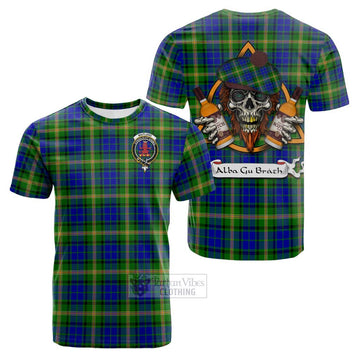 Maitland Tartan Cotton T-shirt with Family Crest and Bearded Skull Holding Bottles of Whiskey