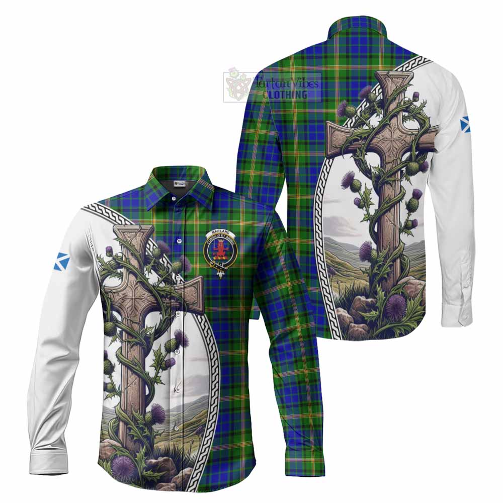 Tartan Vibes Clothing Maitland Tartan Long Sleeve Button Shirt with Family Crest and St. Andrew's Cross Accented by Thistle Vines