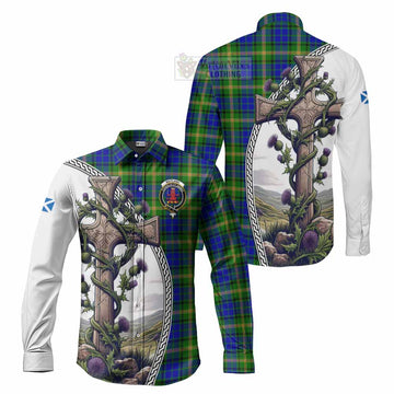 Maitland Tartan Long Sleeve Button Shirt with Family Crest and St. Andrew's Cross Accented by Thistle Vines