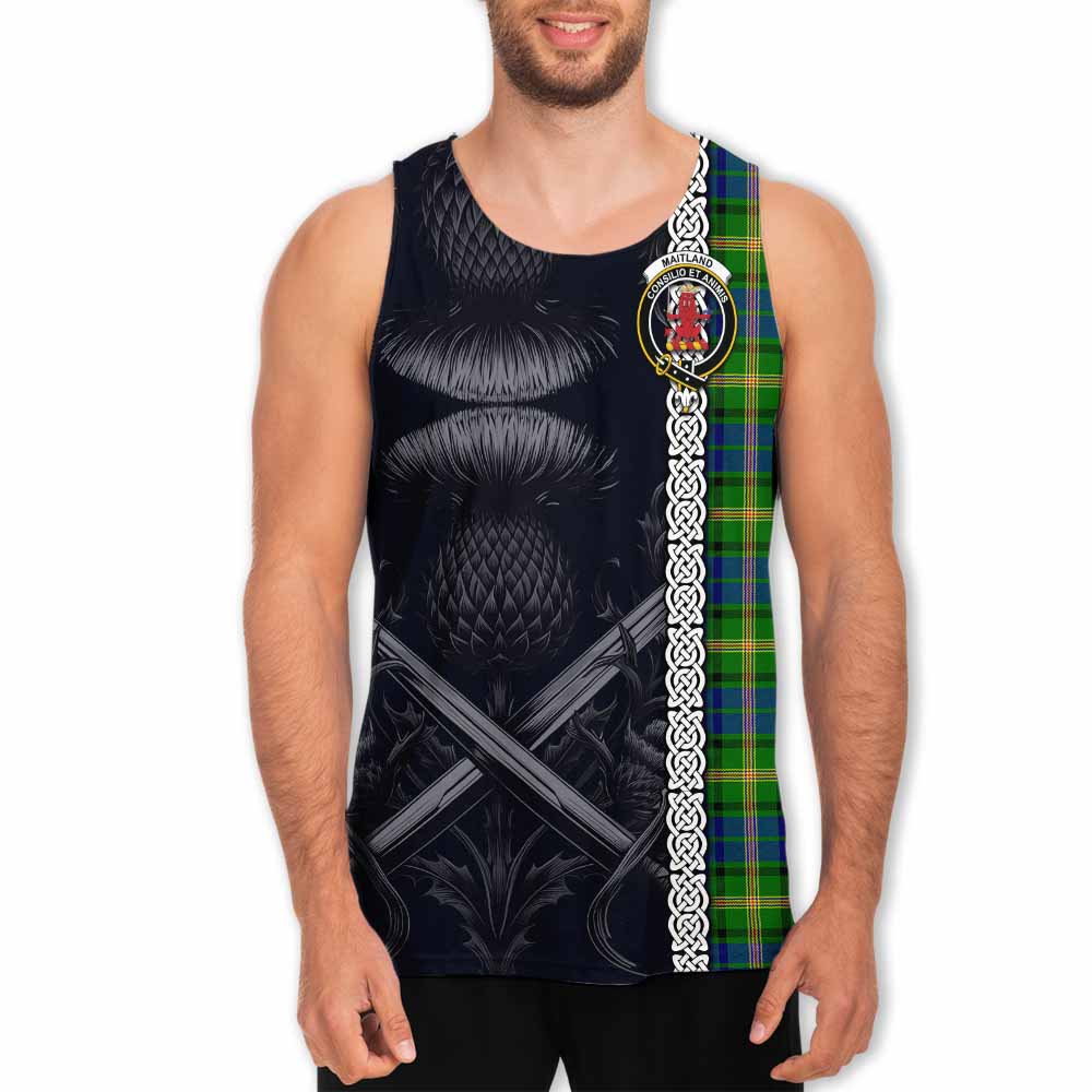 Maitland Tartan Men's Tank Top with Family Crest Cross Sword Thistle Celtic Vibes Men - Tartan Vibes Clothing