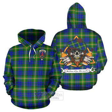 Maitland Tartan Hoodie with Family Crest and Bearded Skull Holding Bottles of Whiskey