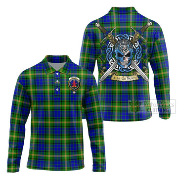 Maitland Tartan Long Sleeve Polo Shirt with Family Crest Celtic Skull Style