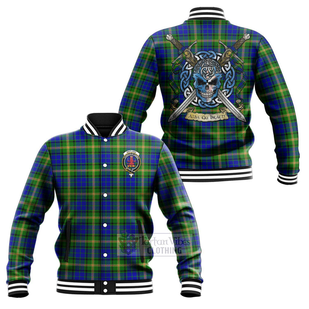 Tartan Vibes Clothing Maitland Tartan Baseball Jacket with Family Crest Celtic Skull Style