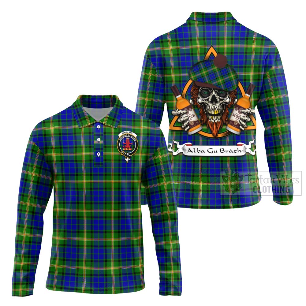 Tartan Vibes Clothing Maitland Tartan Long Sleeve Polo Shirt with Family Crest and Bearded Skull Holding Bottles of Whiskey