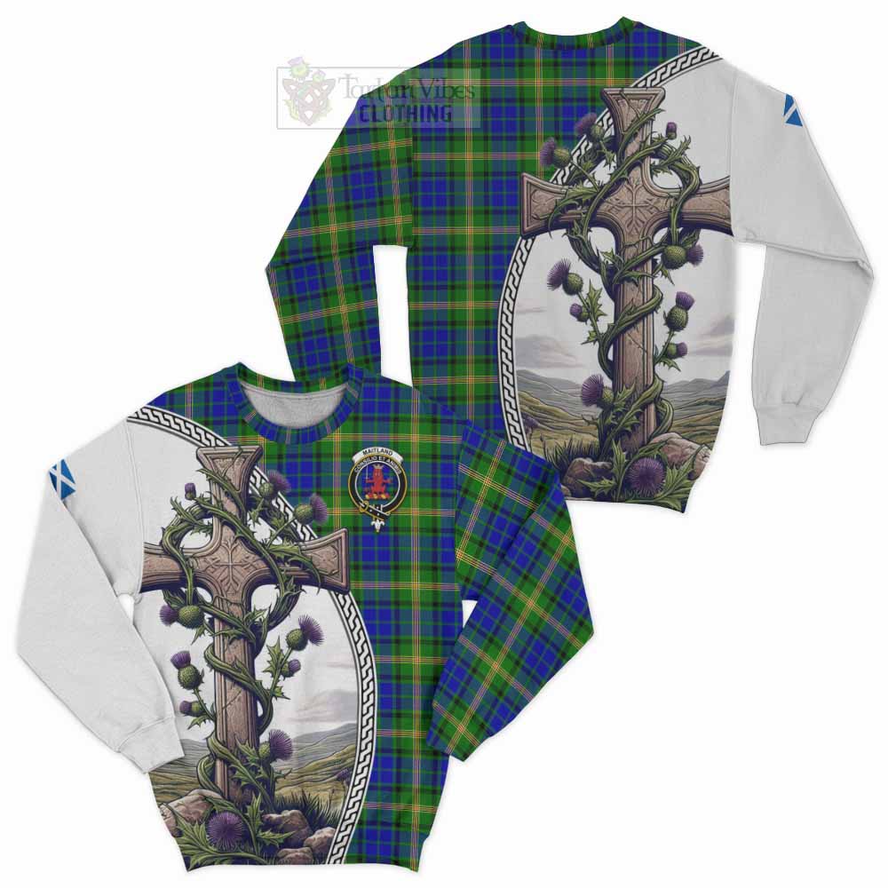 Tartan Vibes Clothing Maitland Tartan Sweatshirt with Family Crest and St. Andrew's Cross Accented by Thistle Vines