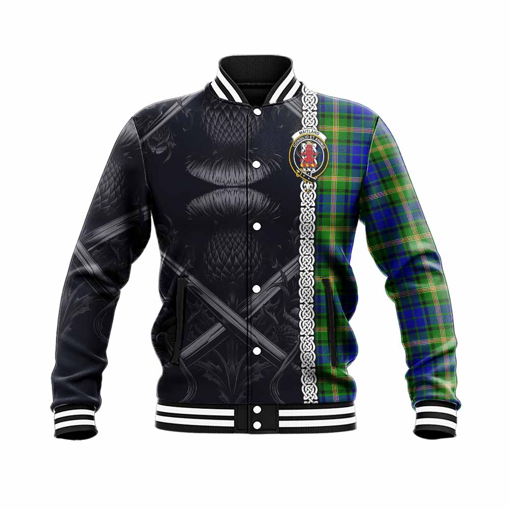 Tartan Vibes Clothing Maitland Tartan Baseball Jacket with Family Crest Cross Sword Thistle Celtic Vibes