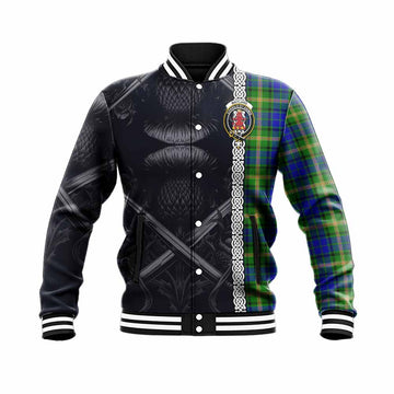 Maitland Tartan Baseball Jacket with Family Crest Cross Sword Thistle Celtic Vibes