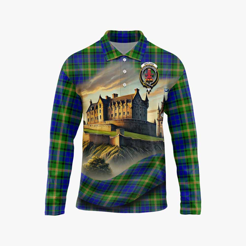 Maitland Tartan Family Crest Long Sleeve Polo Shirt with Scottish Ancient Castle Style Unisex - Tartan Vibes Clothing