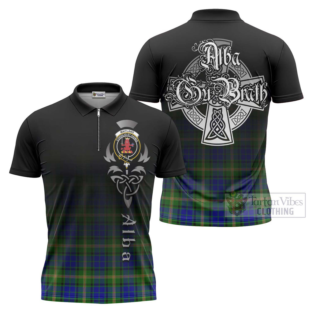 Tartan Vibes Clothing Maitland Tartan Zipper Polo Shirt Featuring Alba Gu Brath Family Crest Celtic Inspired