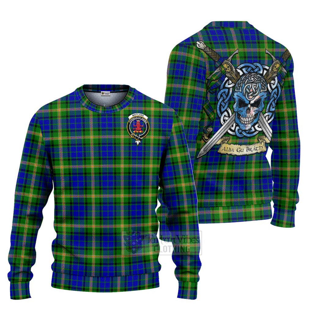 Tartan Vibes Clothing Maitland Tartan Knitted Sweater with Family Crest Celtic Skull Style