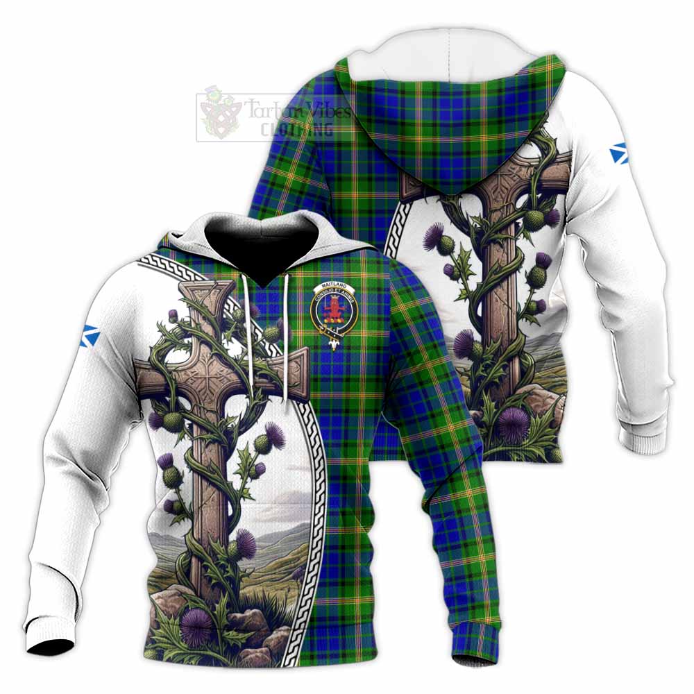 Tartan Vibes Clothing Maitland Tartan Knitted Hoodie with Family Crest and St. Andrew's Cross Accented by Thistle Vines