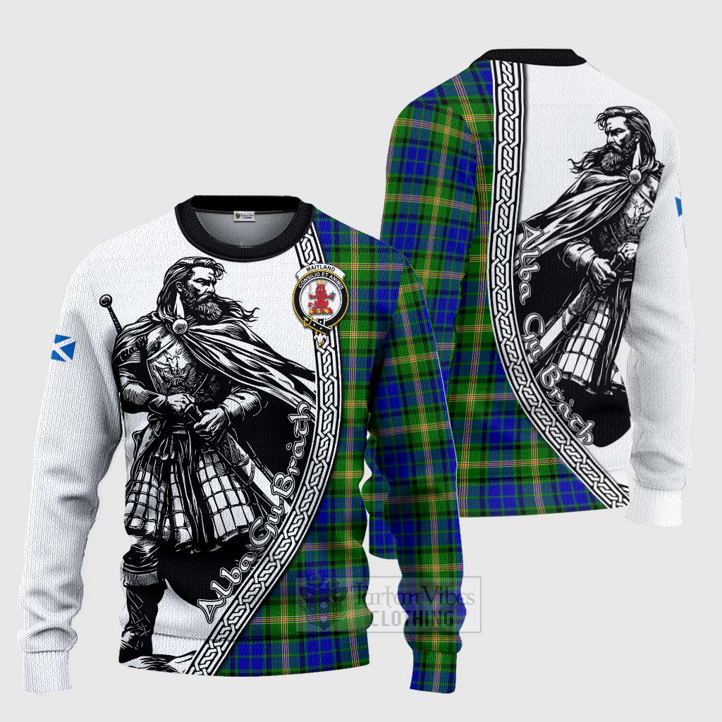 Tartan Vibes Clothing Maitland Tartan Clan Crest Knitted Sweater with Highlander Warrior Celtic Style