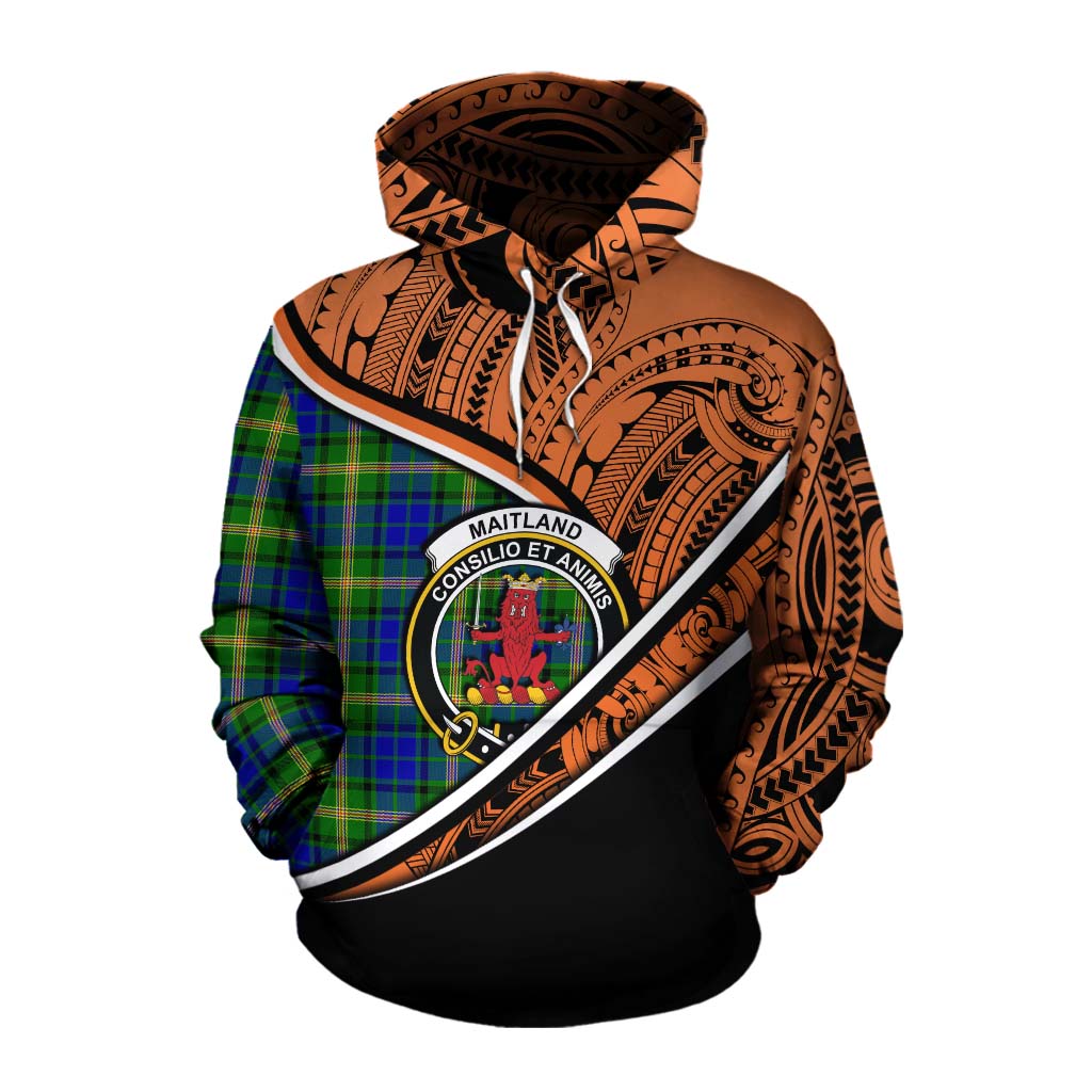 Tartan Vibes Clothing Maitland Crest Tartan Cotton Hoodie with Maori Tattoo Style - Orange Version