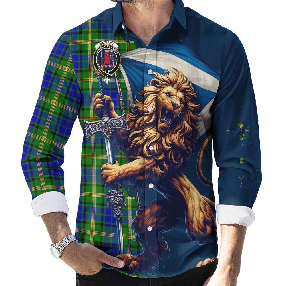 Tartan Vibes Clothing Maitland Tartan Family Crest Long Sleeve Button Shirt with Scottish Majestic Lion