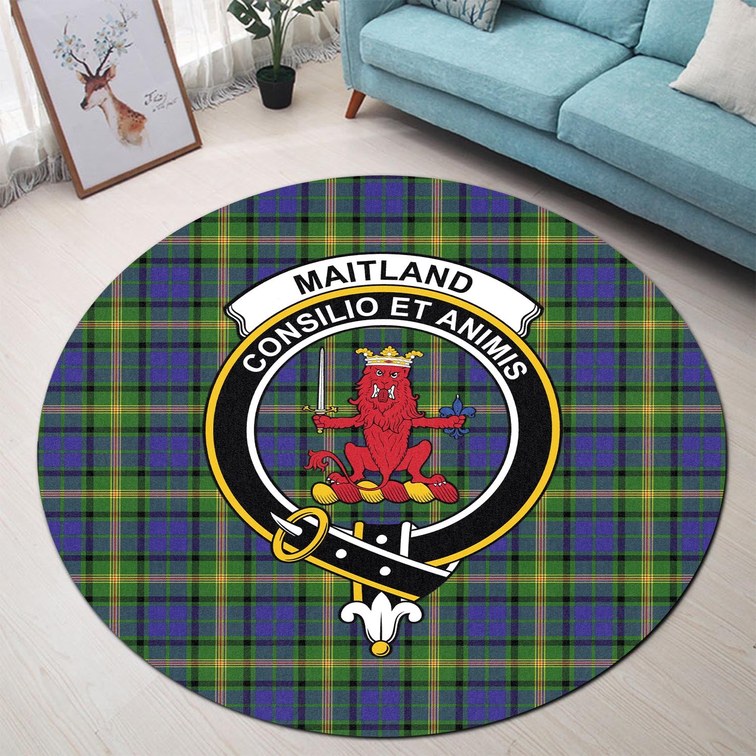 maitland-tartan-round-rug-with-family-crest