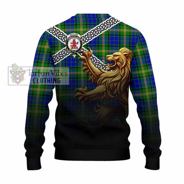 Maitland Crest Tartan Knitted Sweater with Golden Lion Emblem Celtic Style - Tartan Vibes Clothing