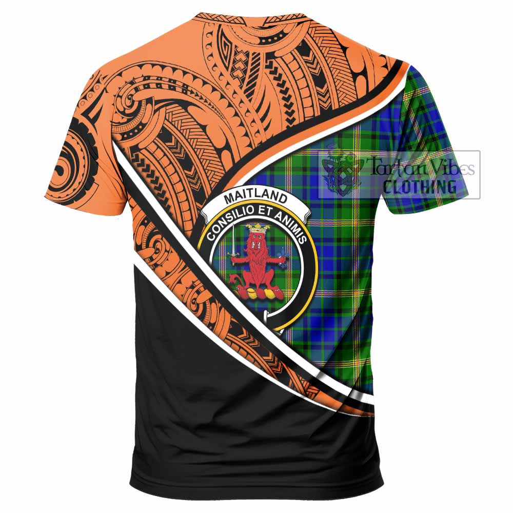 Tartan Vibes Clothing Maitland Crest Tartan T-Shirt with Maori Tattoo Style - Orange Version