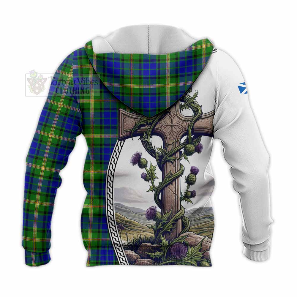 Tartan Vibes Clothing Maitland Tartan Knitted Hoodie with Family Crest and St. Andrew's Cross Accented by Thistle Vines