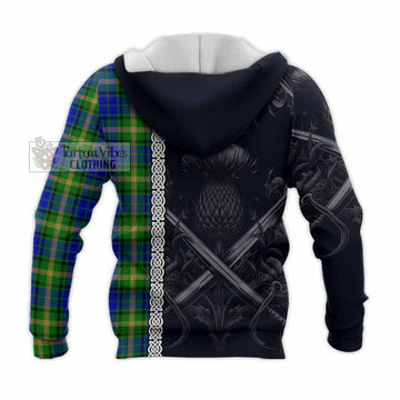 Maitland Tartan Knitted Hoodie with Family Crest Cross Sword Thistle Celtic Vibes