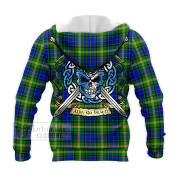 Maitland Tartan Knitted Hoodie with Family Crest Celtic Skull Style