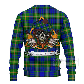 Maitland Tartan Ugly Sweater with Family Crest and Bearded Skull Holding Bottles of Whiskey