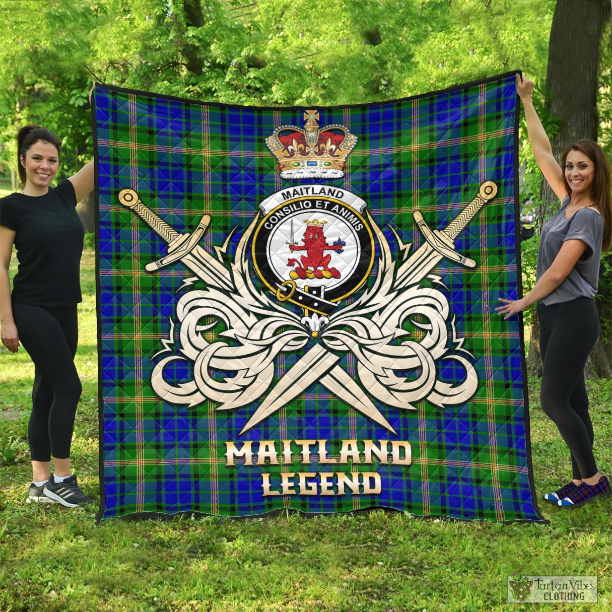 Tartan Vibes Clothing Maitland Tartan Quilt with Clan Crest and the Golden Sword of Courageous Legacy