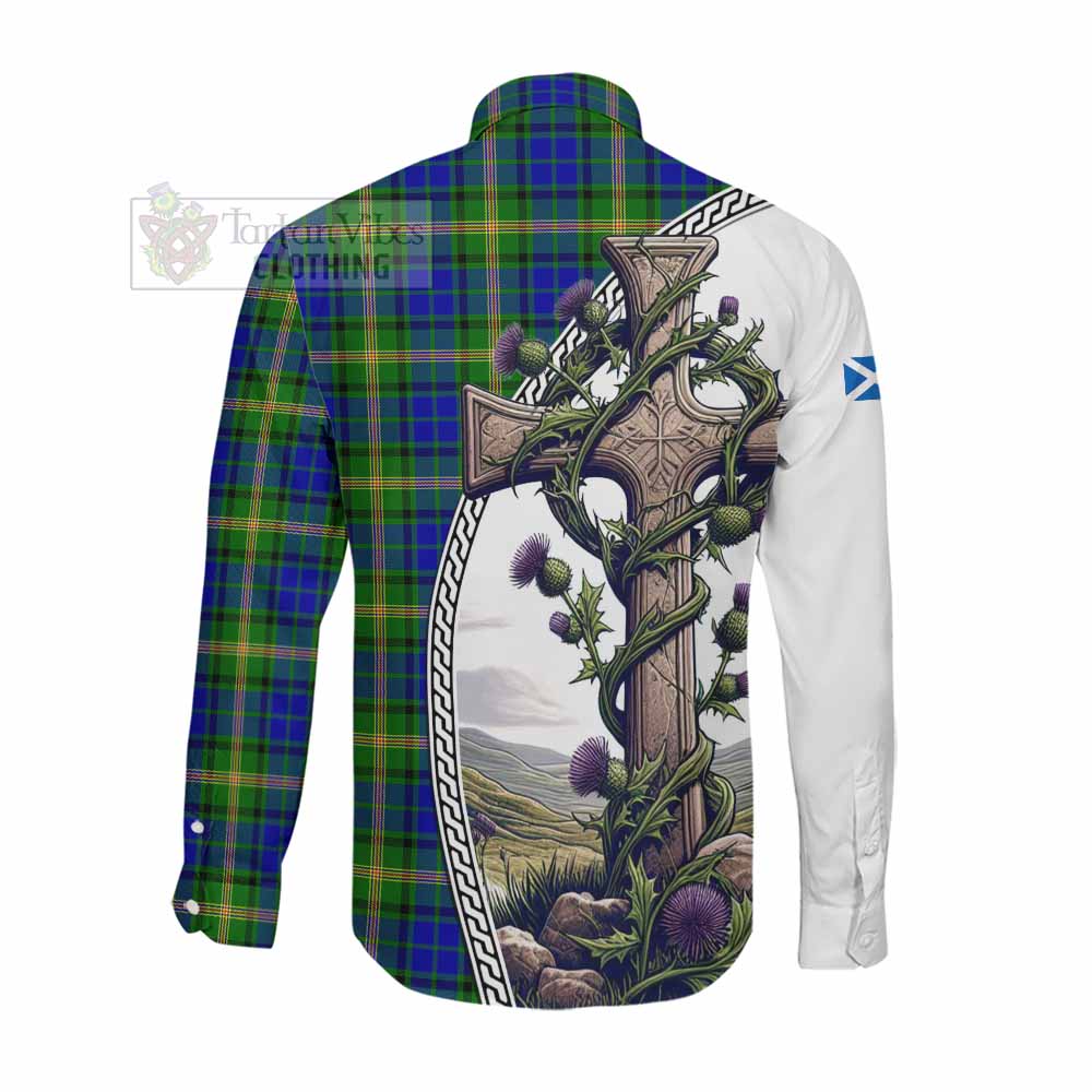 Tartan Vibes Clothing Maitland Tartan Long Sleeve Button Shirt with Family Crest and St. Andrew's Cross Accented by Thistle Vines