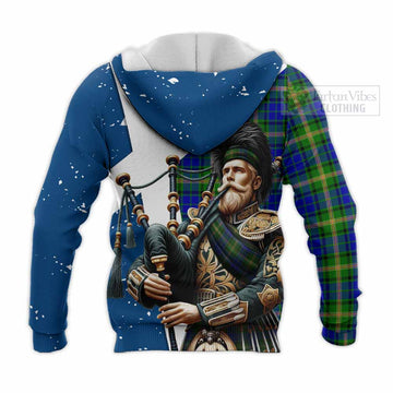 Maitland Tartan Knitted Hoodie with Family Crest Scottish Bagpiper Vibes