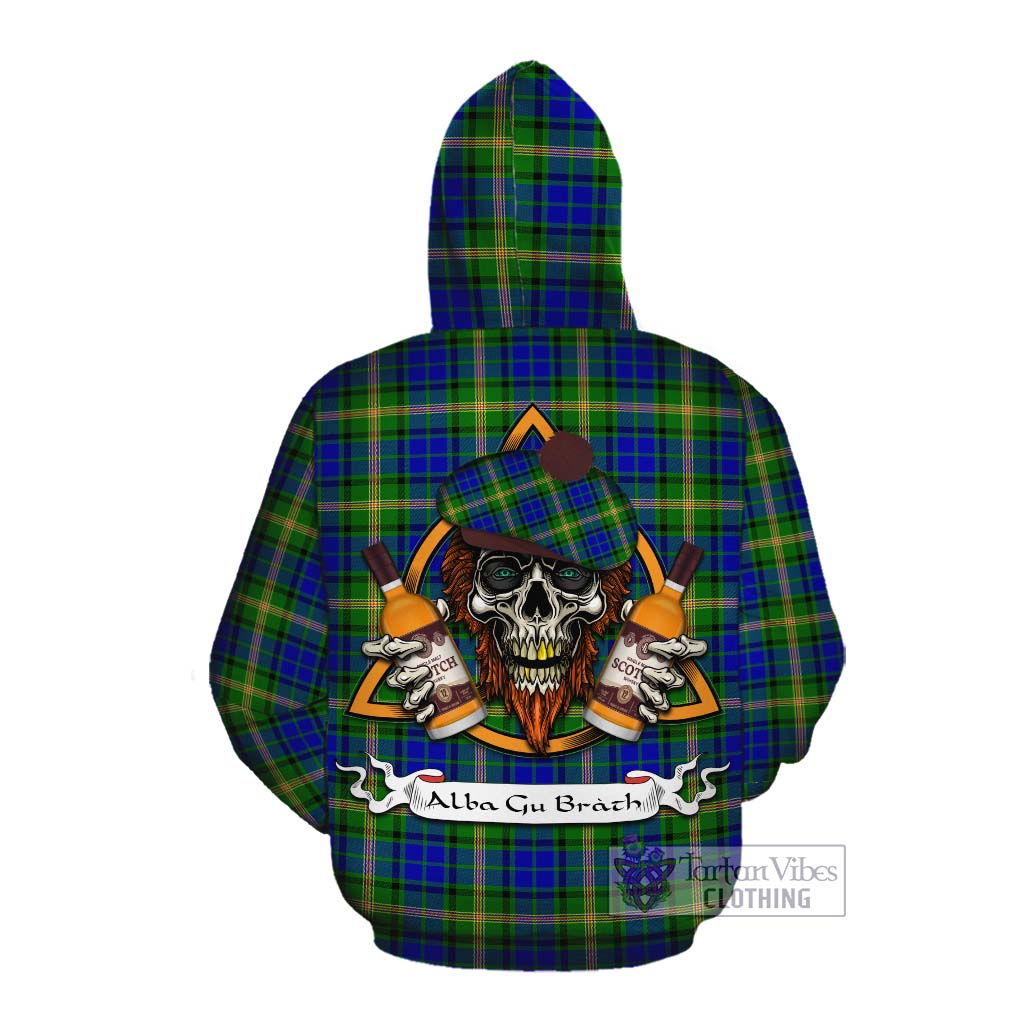 Tartan Vibes Clothing Maitland Tartan Cotton Hoodie with Family Crest and Bearded Skull Holding Bottles of Whiskey