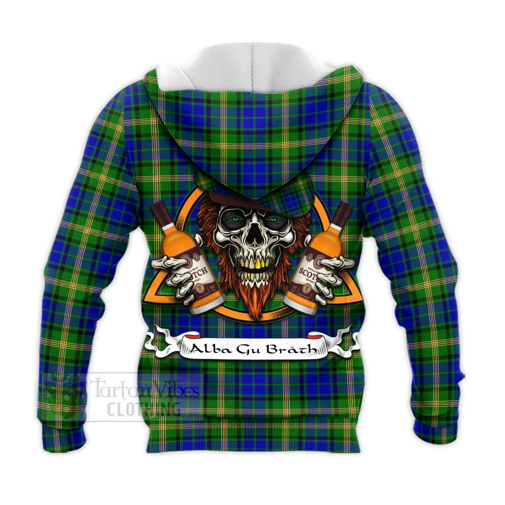 Tartan Vibes Clothing Maitland Tartan Knitted Hoodie with Family Crest and Bearded Skull Holding Bottles of Whiskey