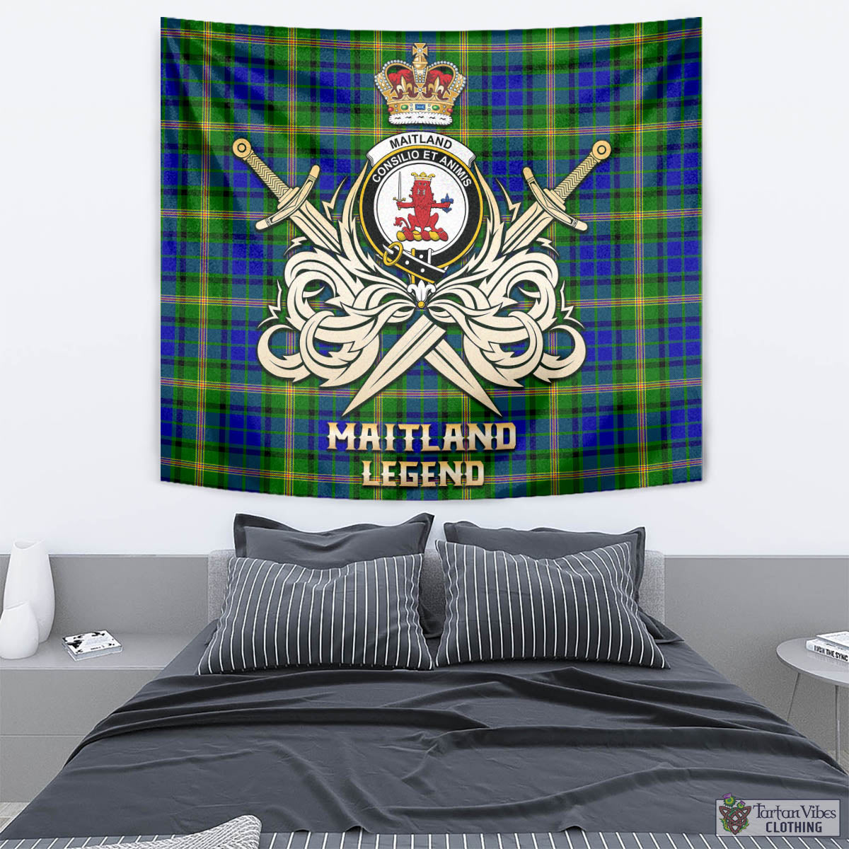 Tartan Vibes Clothing Maitland Tartan Tapestry with Clan Crest and the Golden Sword of Courageous Legacy