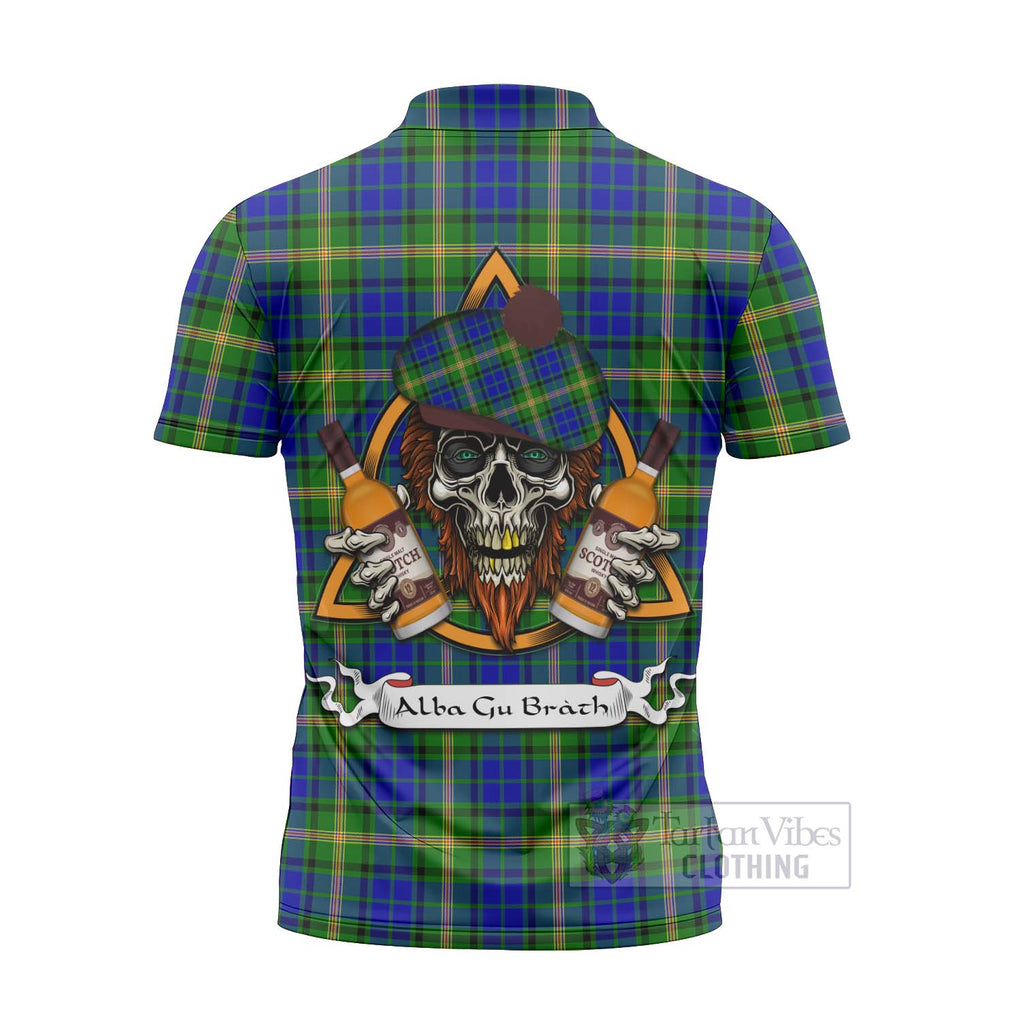 Tartan Vibes Clothing Maitland Tartan Zipper Polo Shirt with Family Crest and Bearded Skull Holding Bottles of Whiskey